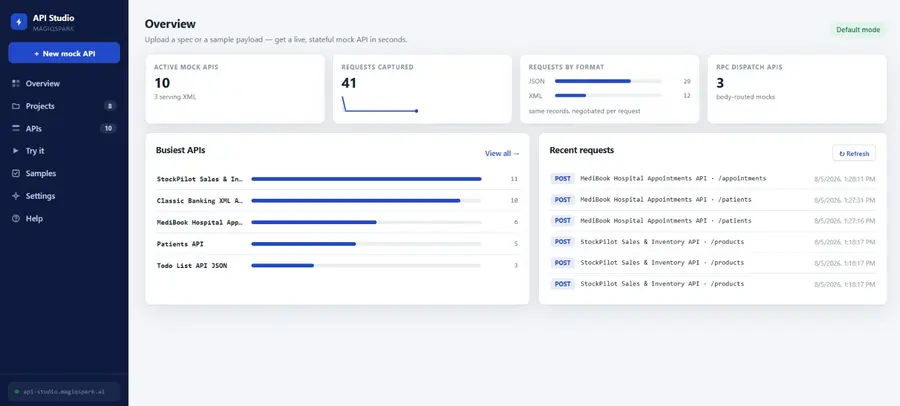 API Studio dashboard showing generated API endpoints