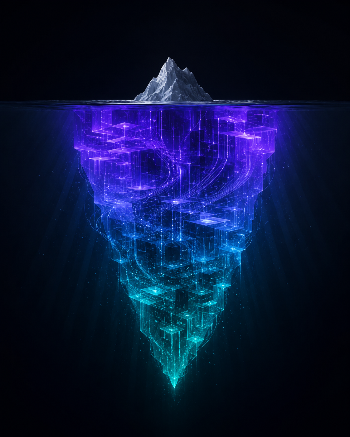 A glowing iceberg — the small tip above the waterline is the stated problem; the vast structured mass below is the real constraint, Performance Undersupply.